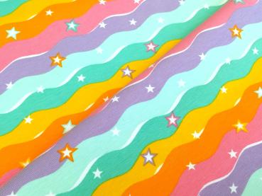 Reststück Baumwolljersey Regenbogen Wellen Sterne Pastell 80 x 150